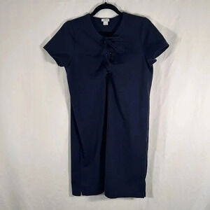 J. Crew Knee Length Dress Womens Medium Navy Blue Round Neck Tie Up Short Sleeve